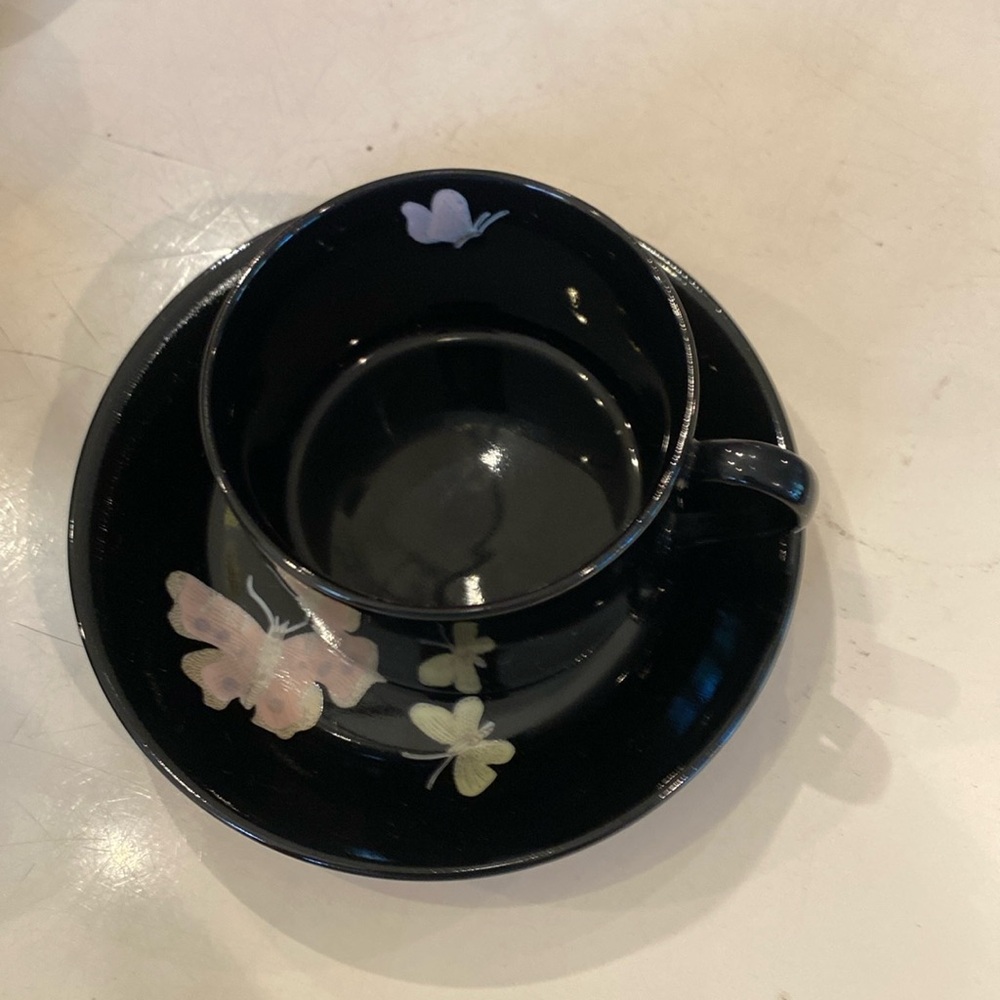 Fitz & Floyd Midnight Poppy Cup & Saucer w/Butterflies. Light Pink/Yellow.